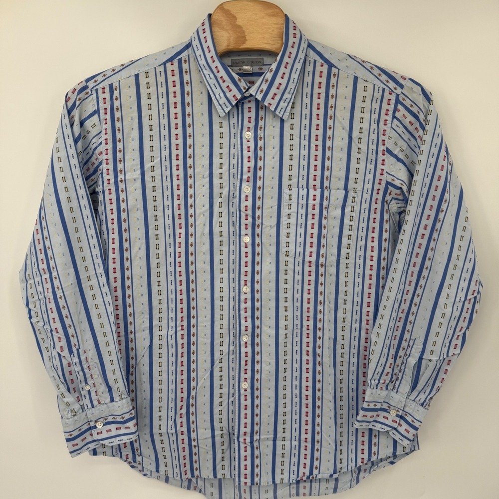 Martin Gordon Button Down Mens XXL Light Blue Embroidered Stripe Cotton *READ* - Picture 2 of 10
